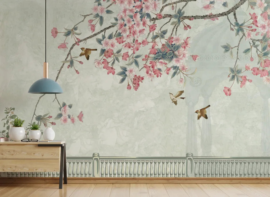 Chinoiserie Bird and Flower | Pink Cherry Blossom Peel and Stick Wallpaper