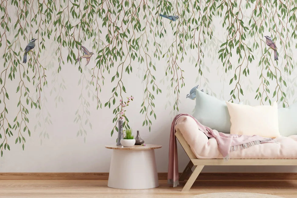 Willow Branches Hanging Leaves Birds Wallpaper