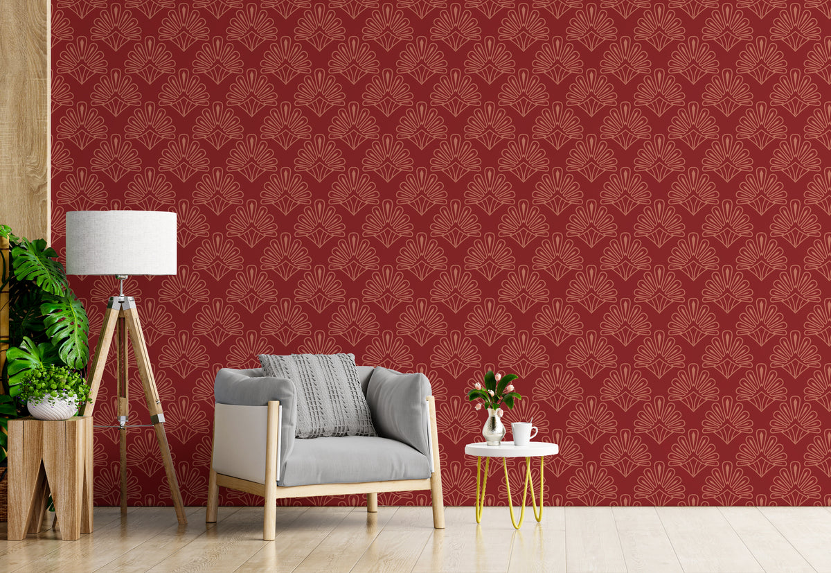Art Deco Damask Design | Red Vintage Peel and Stick Wallpaper