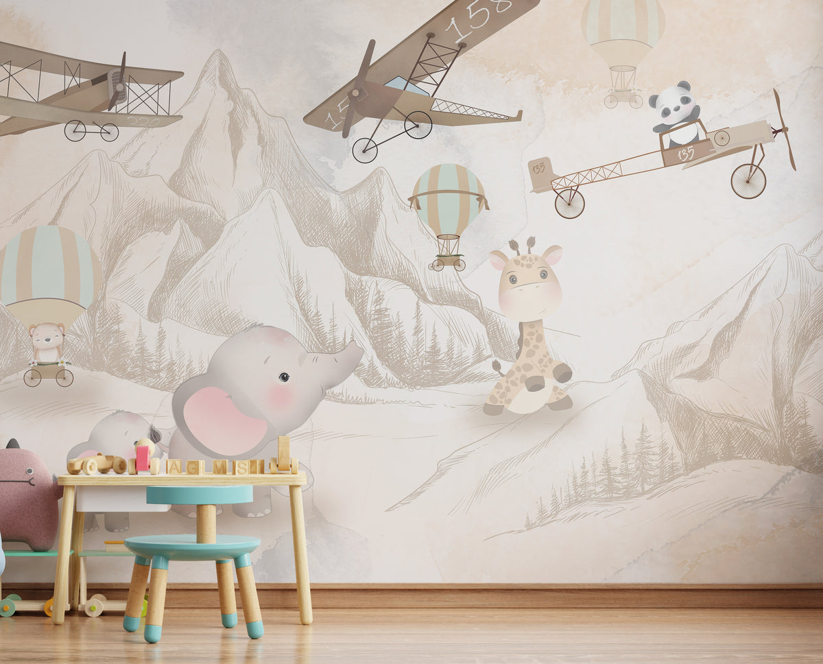Neutral Safari Animal Nursery Wallpaper | Airplane and Balloon Peel and Stick Vinyl