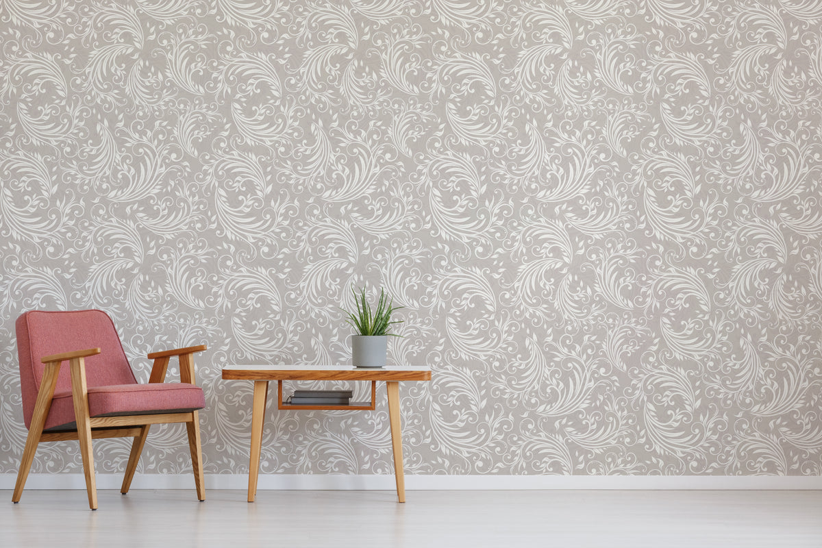 Damask Inspired Scroll Wallpaper | Gray Vintage Baroque Peel and Stick Wallpaper
