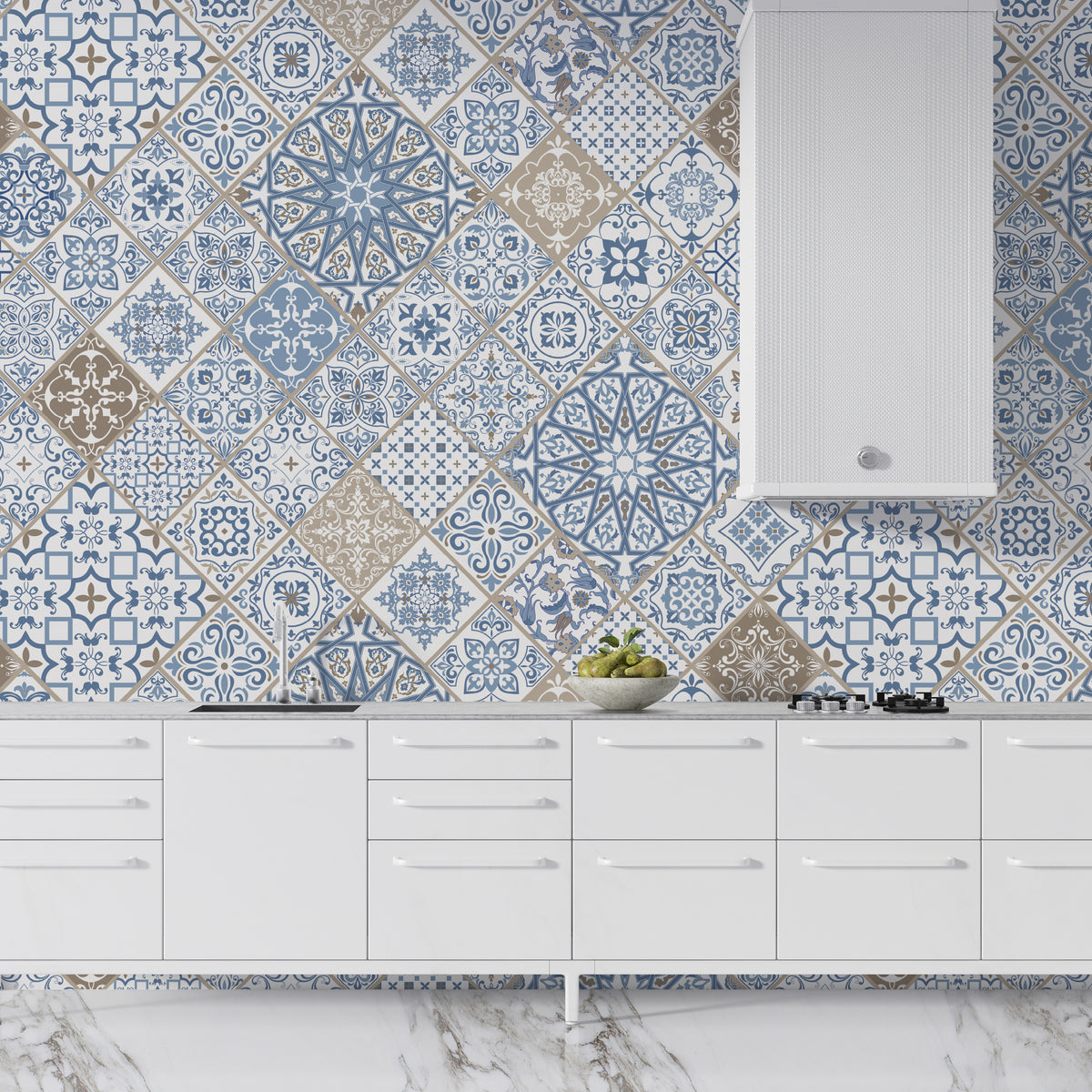 Blue Moroccan Tile Pattern Geometric Wallpaper Peel and Stick Kitchen Wall Decor
