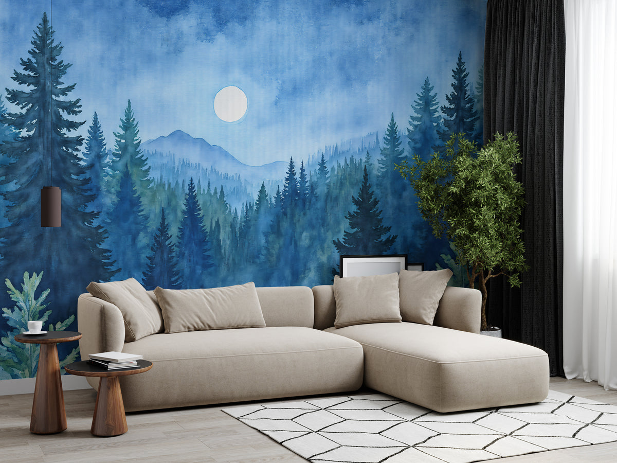 Misty Blue Forest Wall Mural Peel and Stick Bedroom Wallpaper for Wall