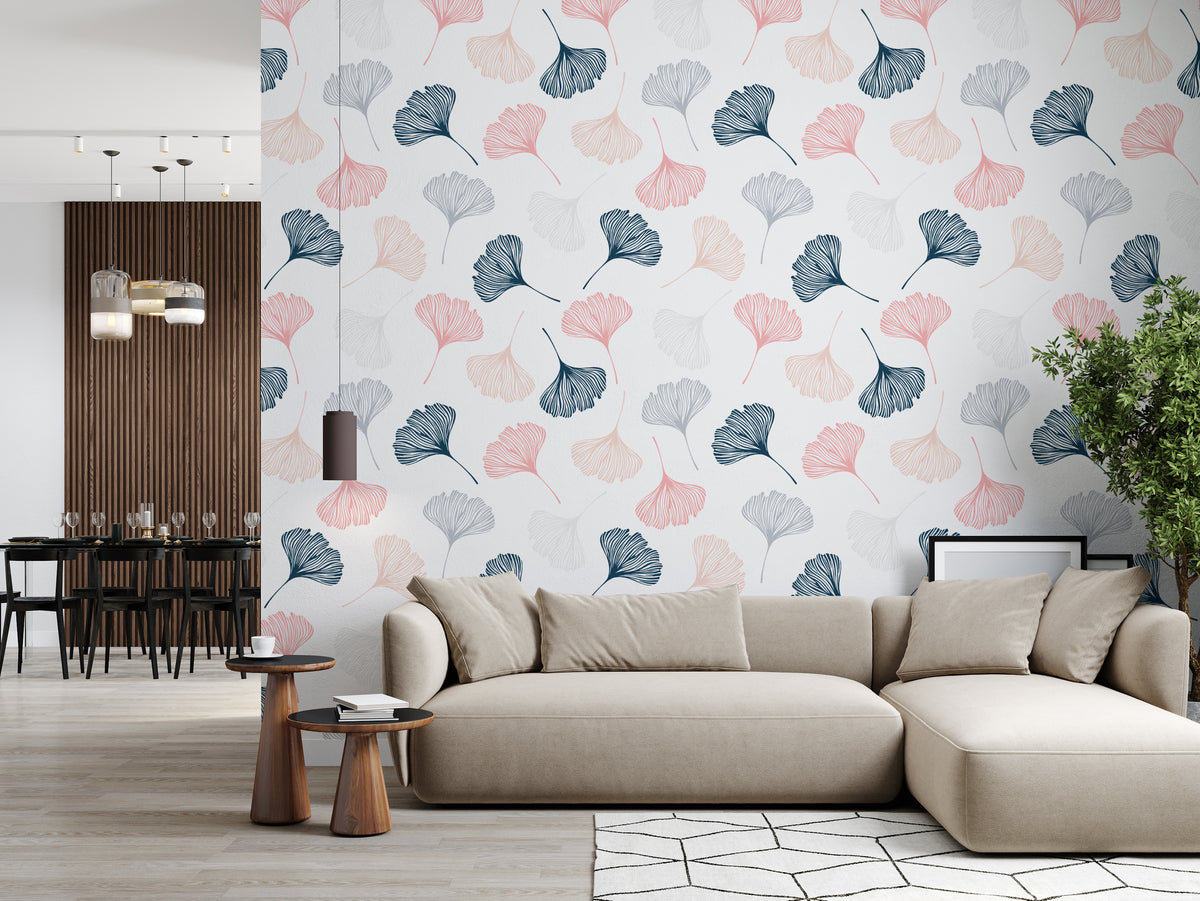 Ginkgo Leaf Pattern Wallpaper Modern Minimal Pink and Teal Blue Botanical Wall Decor