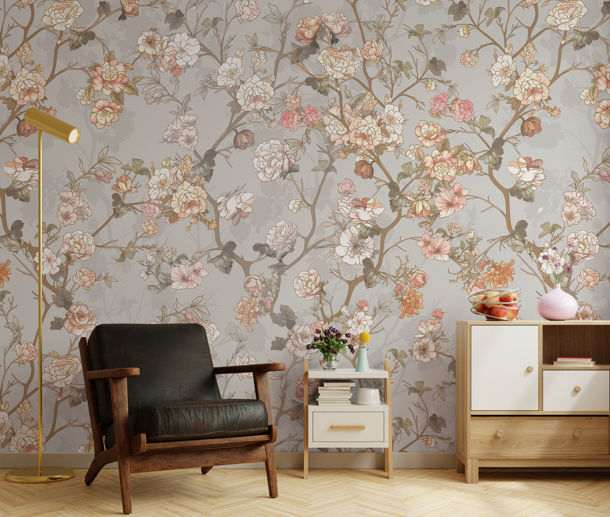 Vintage Floral Chinoiserie Wallpaper Neutral Peel and Stick Living Room Wall Mural
