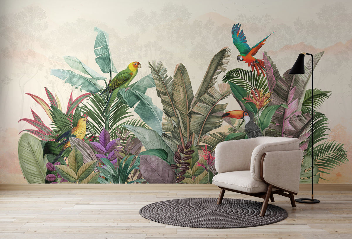 Tropical Bird Wallpaper | Colorful Rainforest Jungle Wall Mural | Living Room