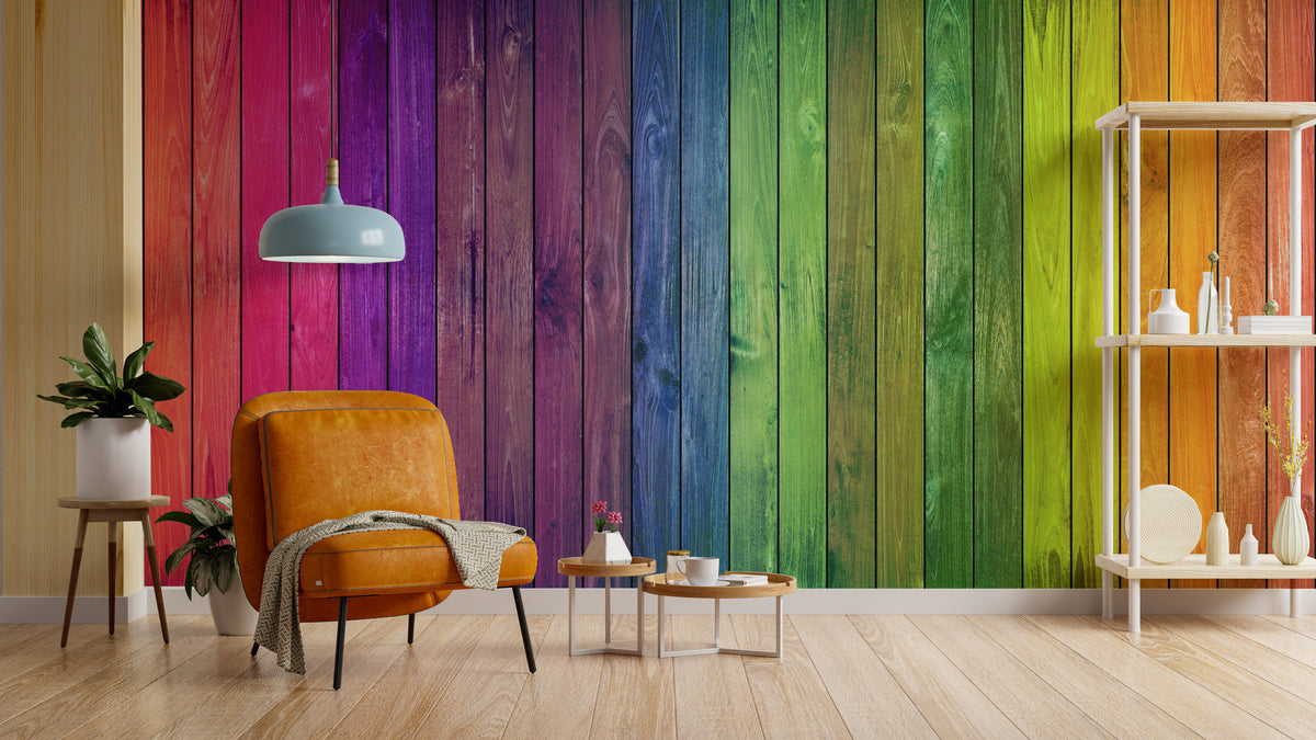 Colorful Wood Stripe Wall Mural | Rainbow Self Adhesive Wallpaper