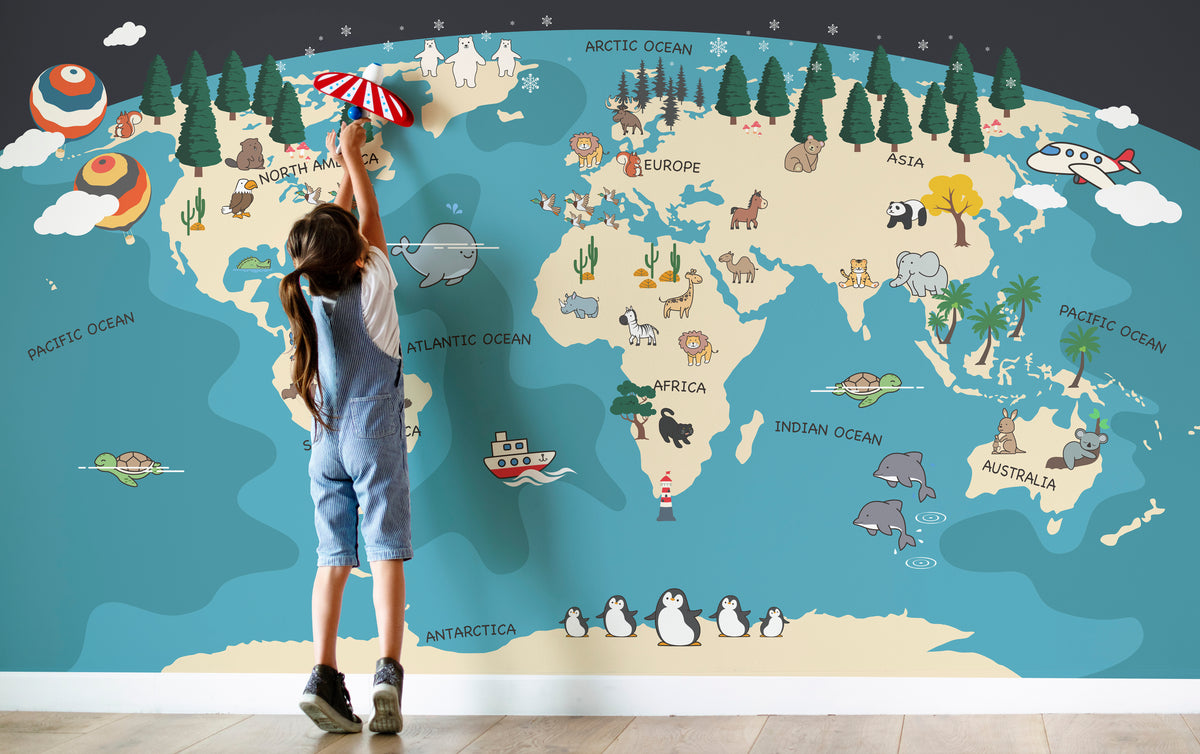 Peel and Stick Kids World Map Animal Wallpaper for Nursery and Playroom Decor