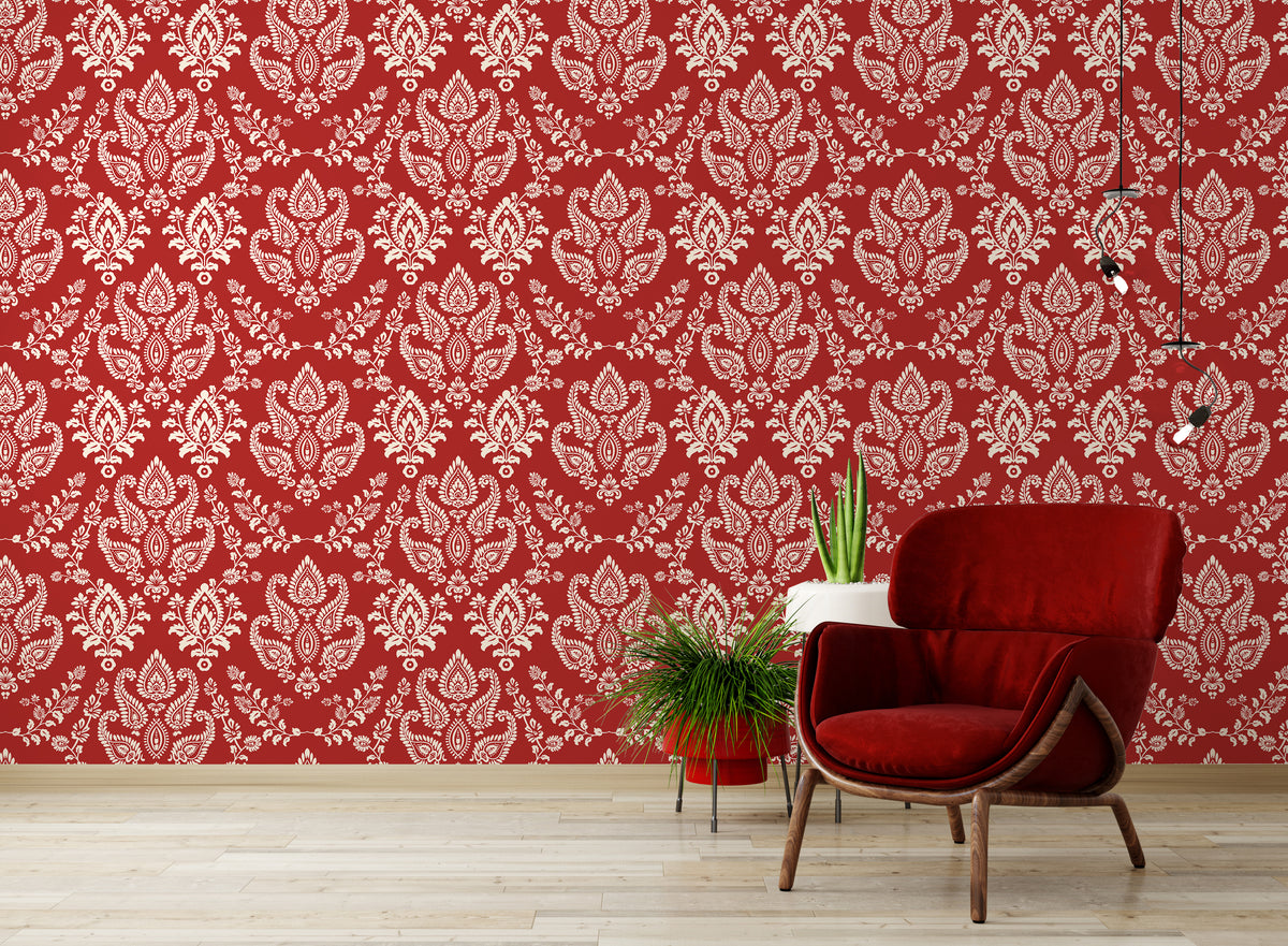 Elegant Damask Wallpaper Deep Red and White Floral Removable Interior Decor