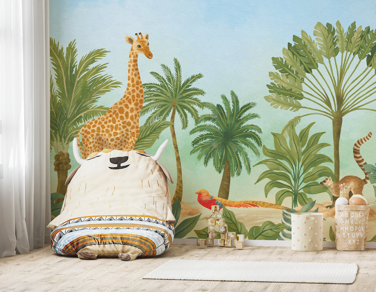 Self Adhesive Jungle Animal Kids Wall Mural Soothing Safari Vibe Green Wallpaper