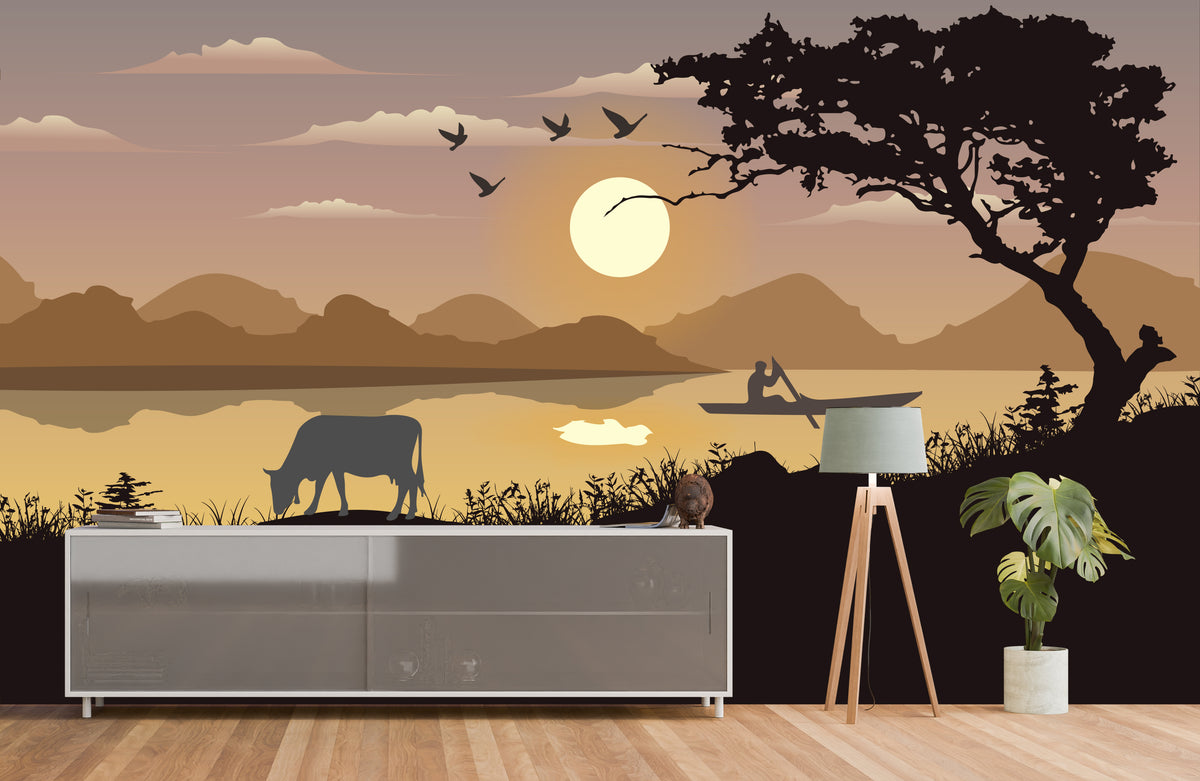 Sunset Lake Wallpaper Silhouette Boat Tree Art Self Adhesive Home Decor