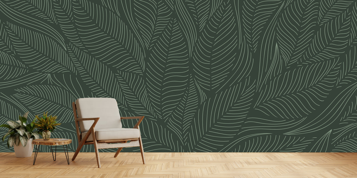 Botanical Leaf Wallpaper | Dark Green Line Art Wall Mural | Interior Decor