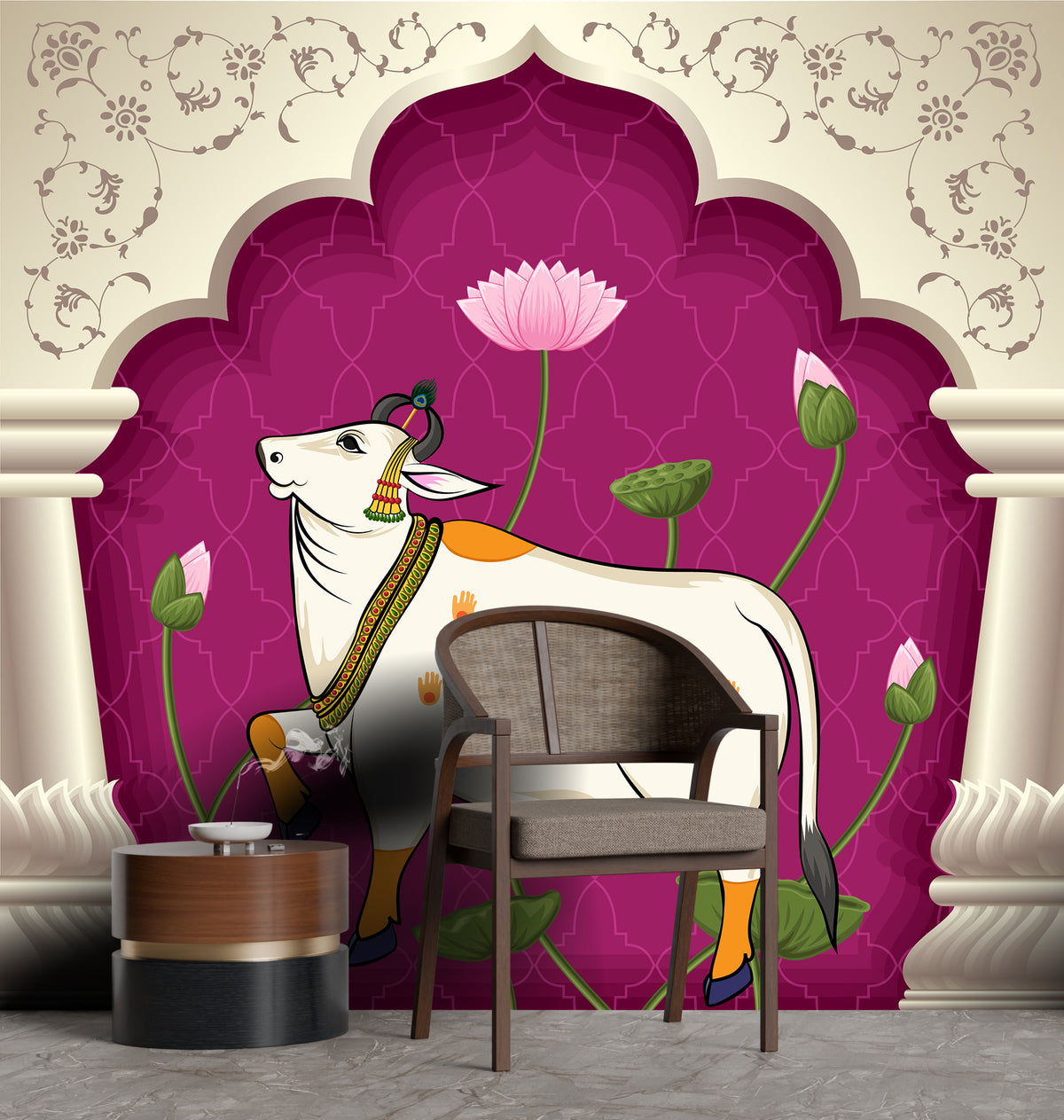 Sacred Kamdhenu Pichwai Cow Arch Indian Wallpaper Magenta Pooja Room Peel Stick Decor