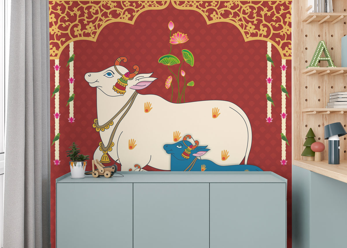 Peel and Stick Indian Wallpaper Pichwai Kamdhenu Cow Vibrant Red Pooja Room Decor