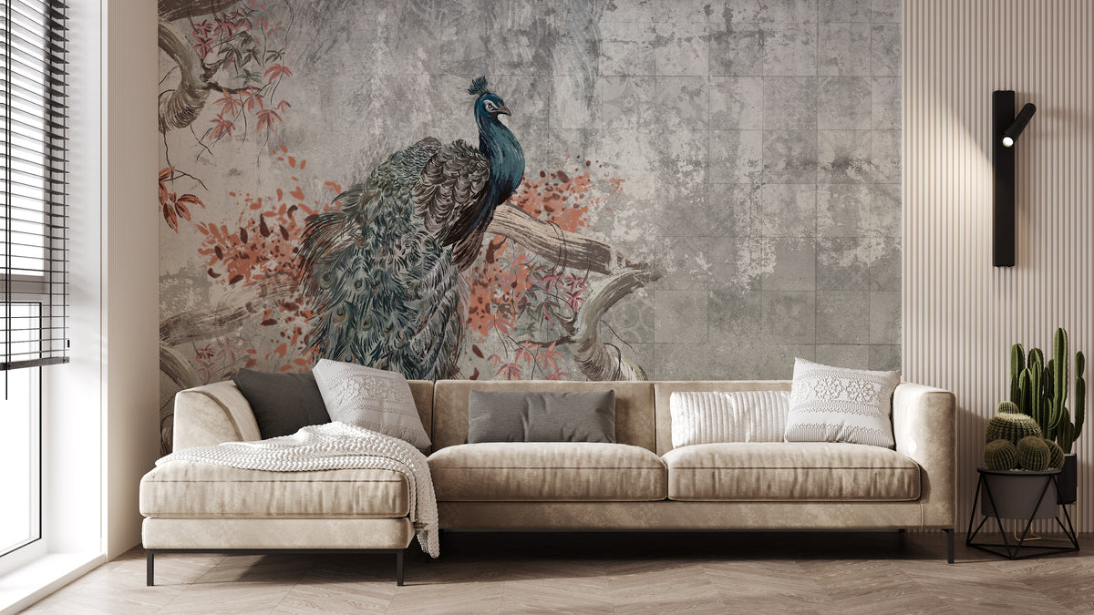 Peacock Concrete Wallpaper | Grey Vintage Peel and Stick Wall Mural