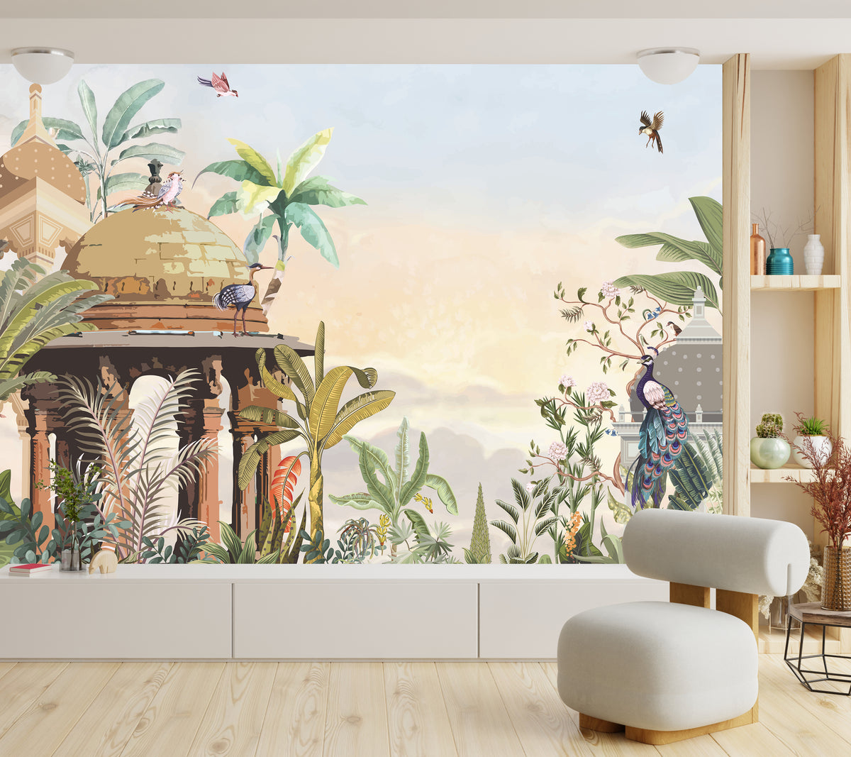 Removable Peacock Wallpaper | Tropical Botanical Garden Mural Decor