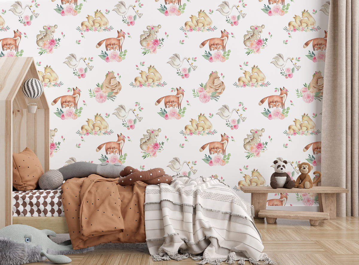 Cute Woodland Animal Wallpaper for Nursery Soft Floral Self-Adhesive