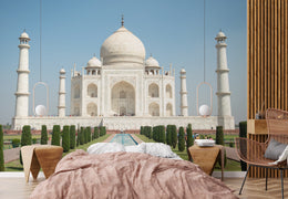 Iconic marble monument wall decor displayed on bedroom feature wall creating peaceful travel inspired atmosphere