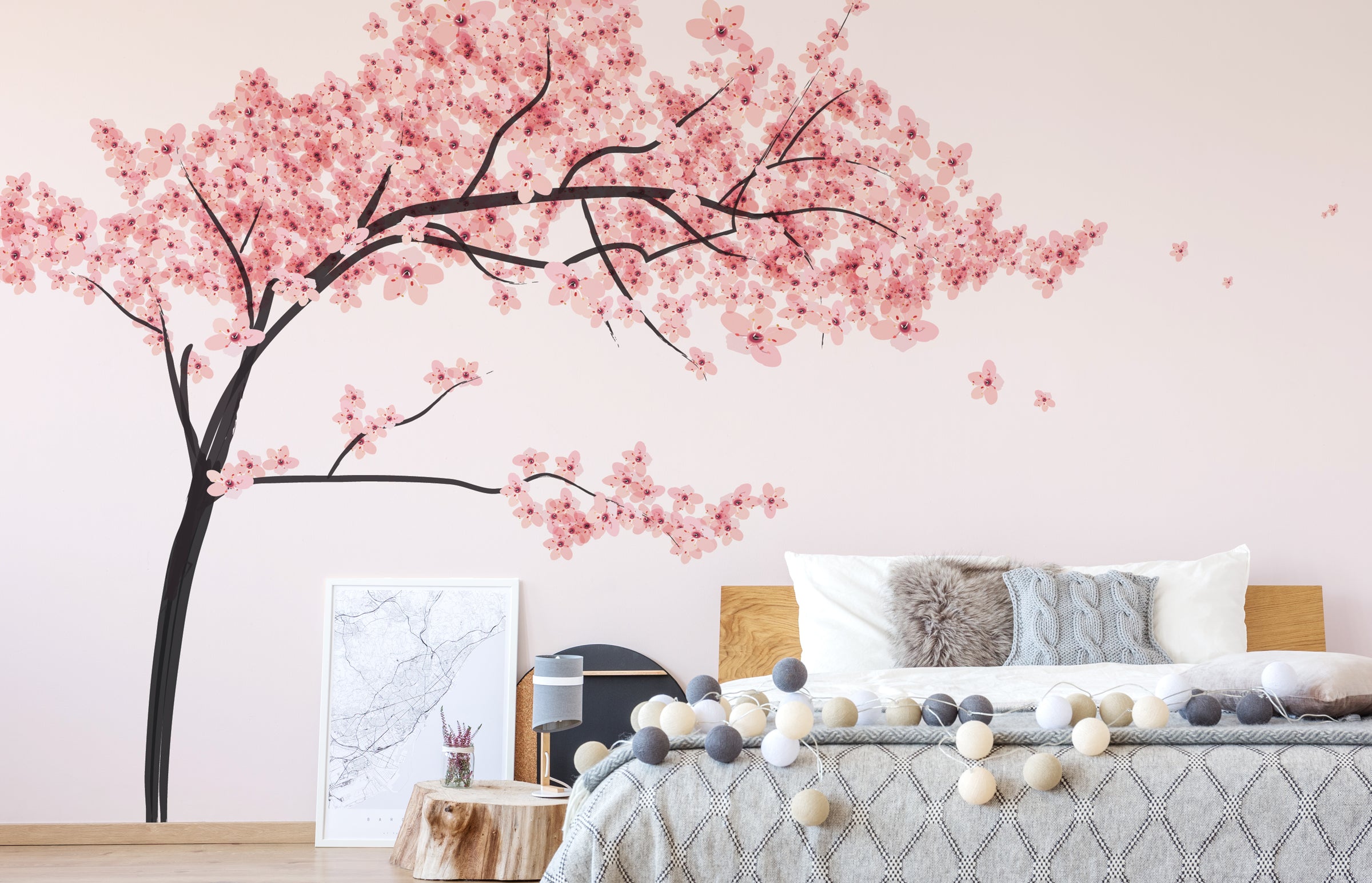 Romantic cherry blossom mural for cozy guest room wall decor