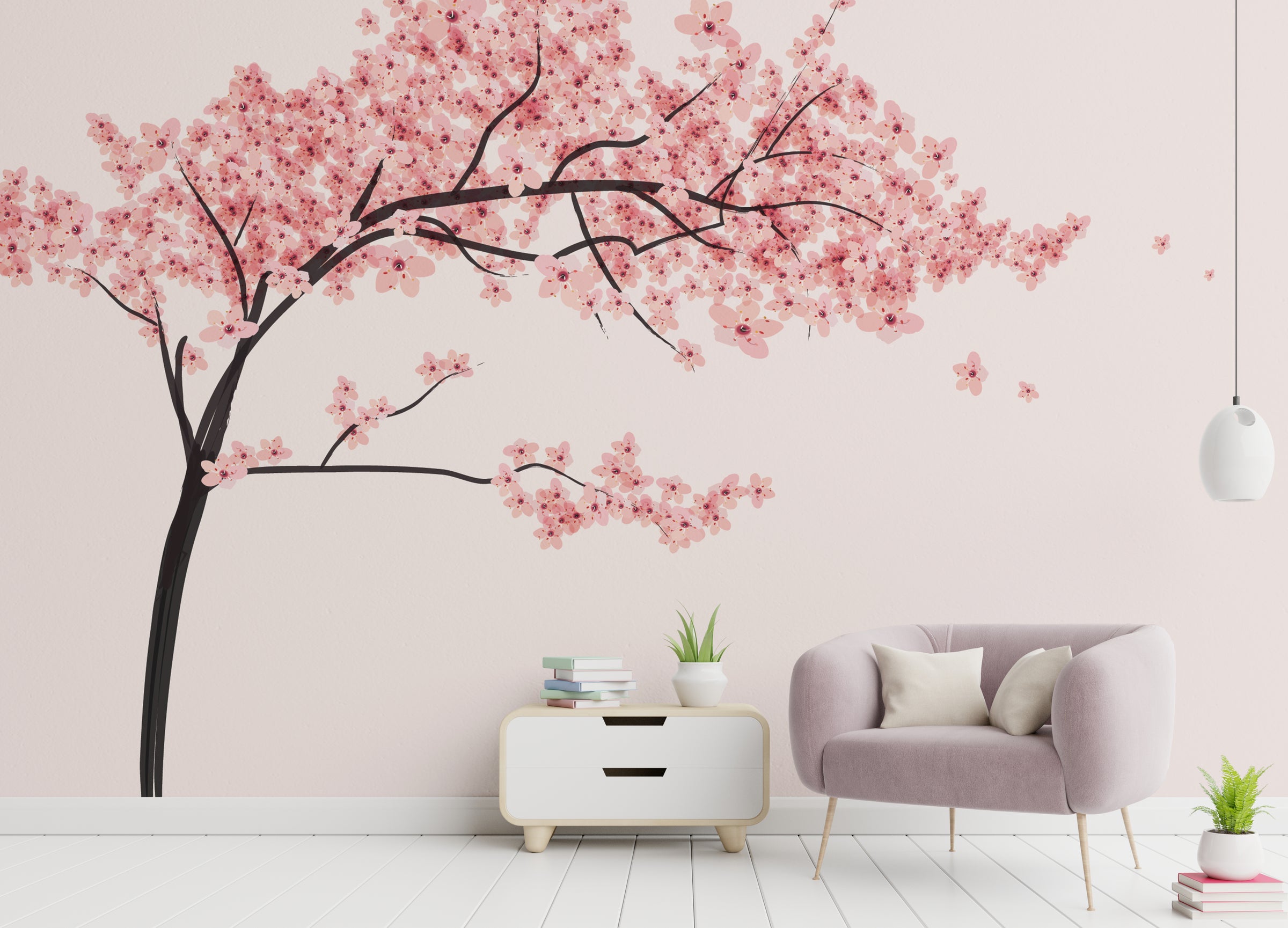 Delicate cherry flower wall design for peaceful home office backdrop