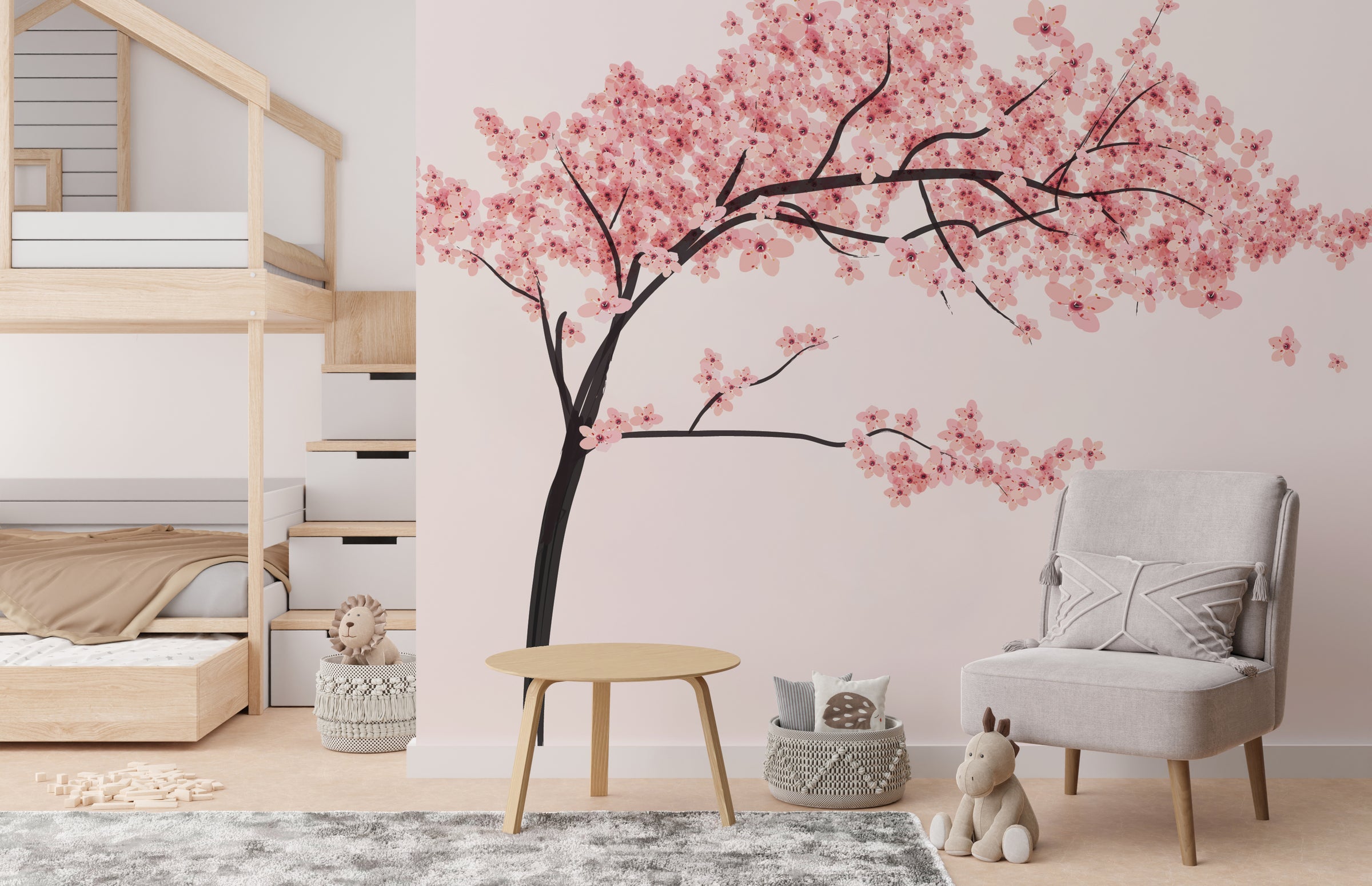 Japanese cherry tree blossom mural for cozy kids room background