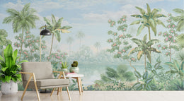 Elegant tropical oasis wall mural with botanical greenery and serene waterscape enhancing contemporary home design