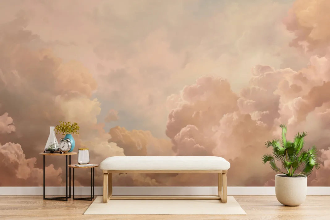 Soft Cloud Aesthetic Sky Mural| Peach Beige Color Peel and Stick Wallpaper image 0