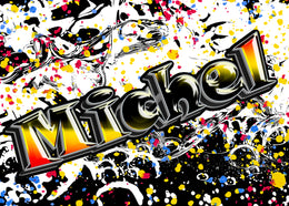 Abstract wall mural with bold paint splatter and black white contrast energizing living room decor