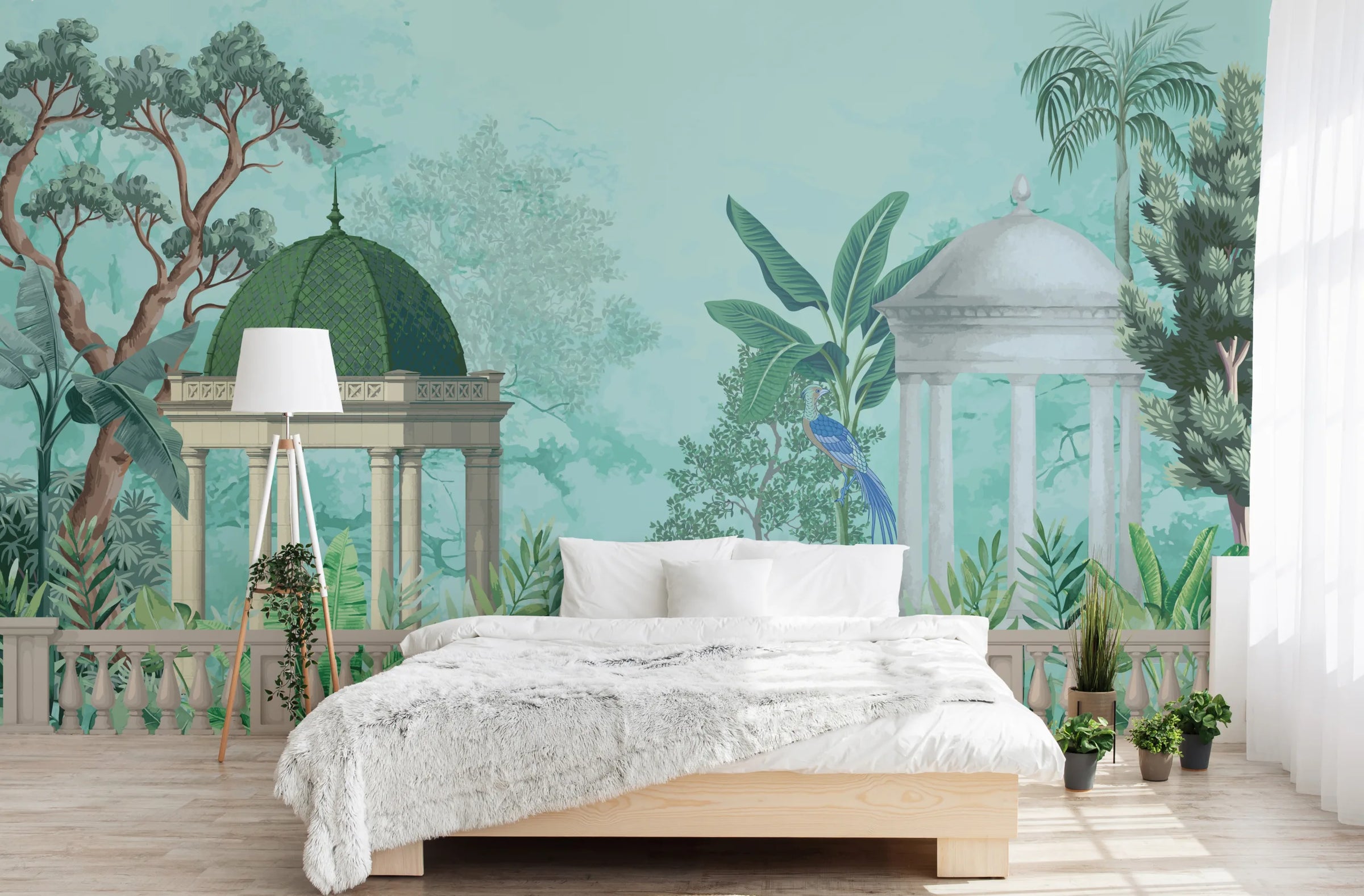 Tropical Oasis Pavilion Wallpaper | Indian Heritage Wall Art | Blue Green Peel and Stick image 2
