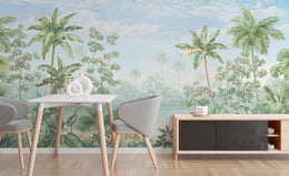 Pastel tropical paradise wallpaper with palm trees and flowering branches bringing nature inspired atmosphere to dining wall.