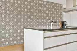 Geometric Pattern Wallpaper in olive green art deco line design for kitchen featuring retro abstract wall mural