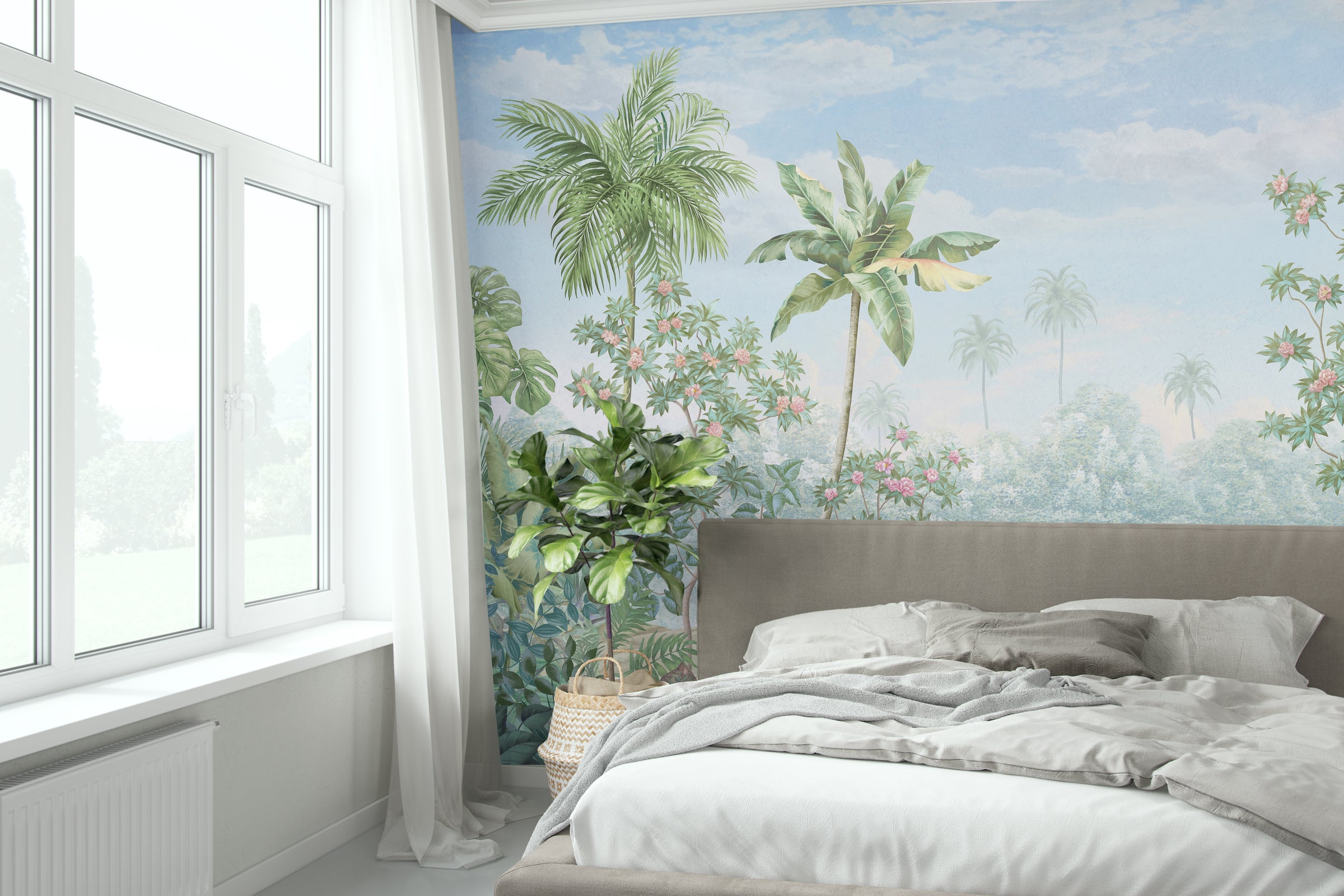 Botanical jungle wall mural featuring lush green foliage and exotic plants creating relaxing bedroom feature wall decor