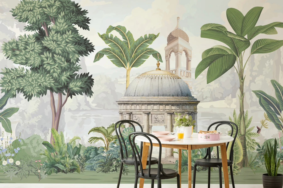 Vintage Palace Garden Mural | Green Indian Peel and Stick Wallpaper