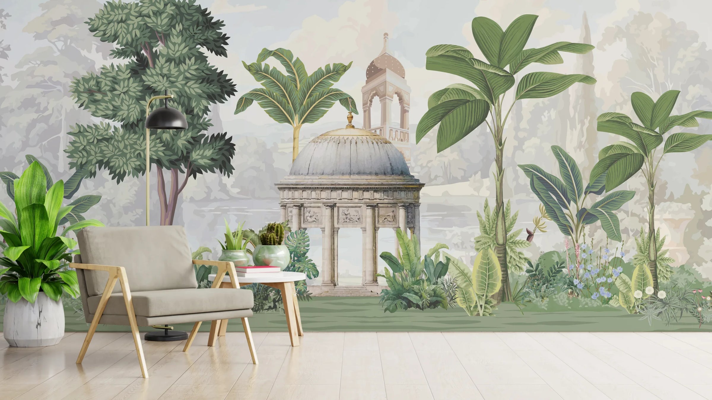 Vintage Palace Garden Mural | Green Inidan Peel and Stick Wallpaper image 1