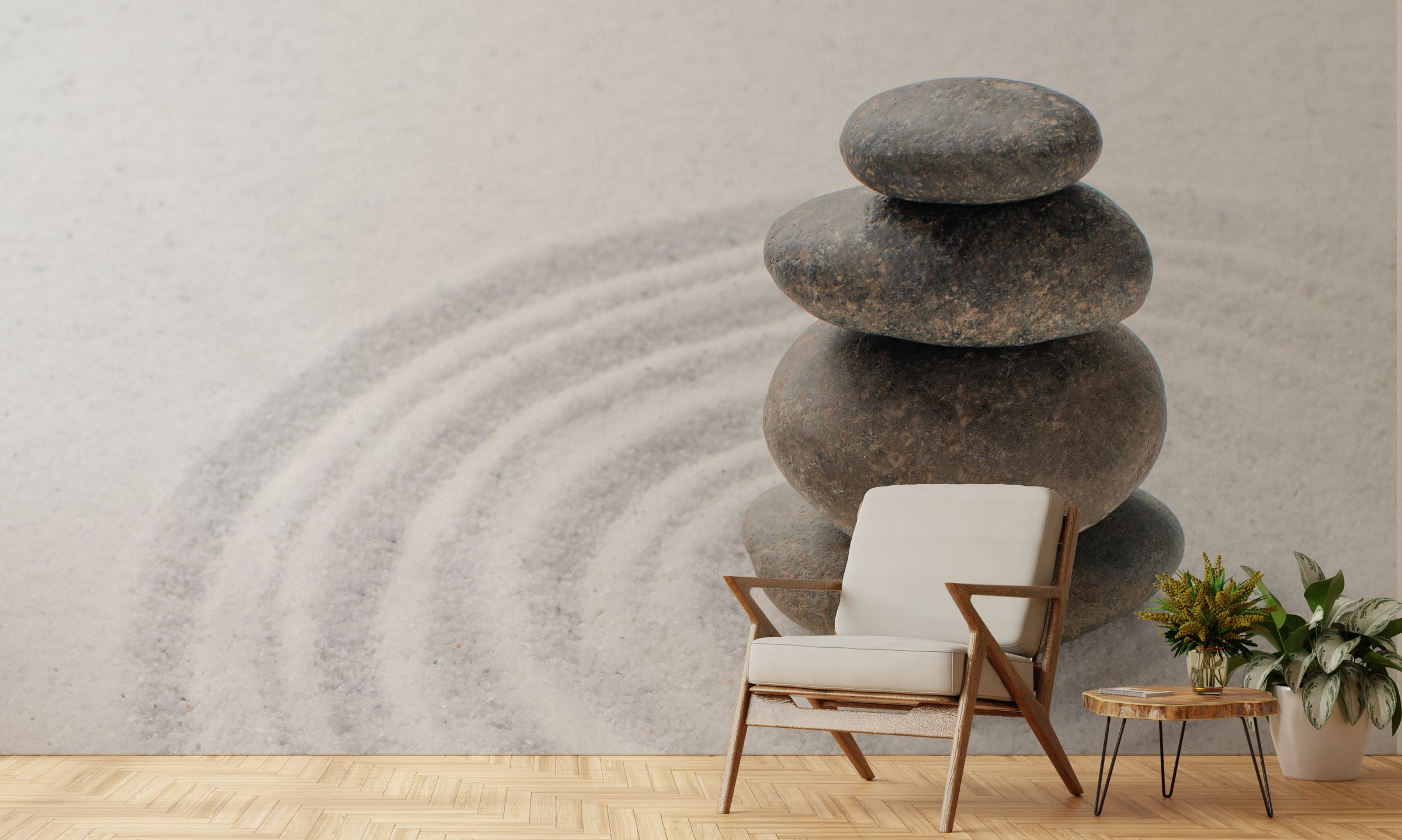 Zen Stone Balance Wall Art with Neutral Sand Texture for Modern Living Room