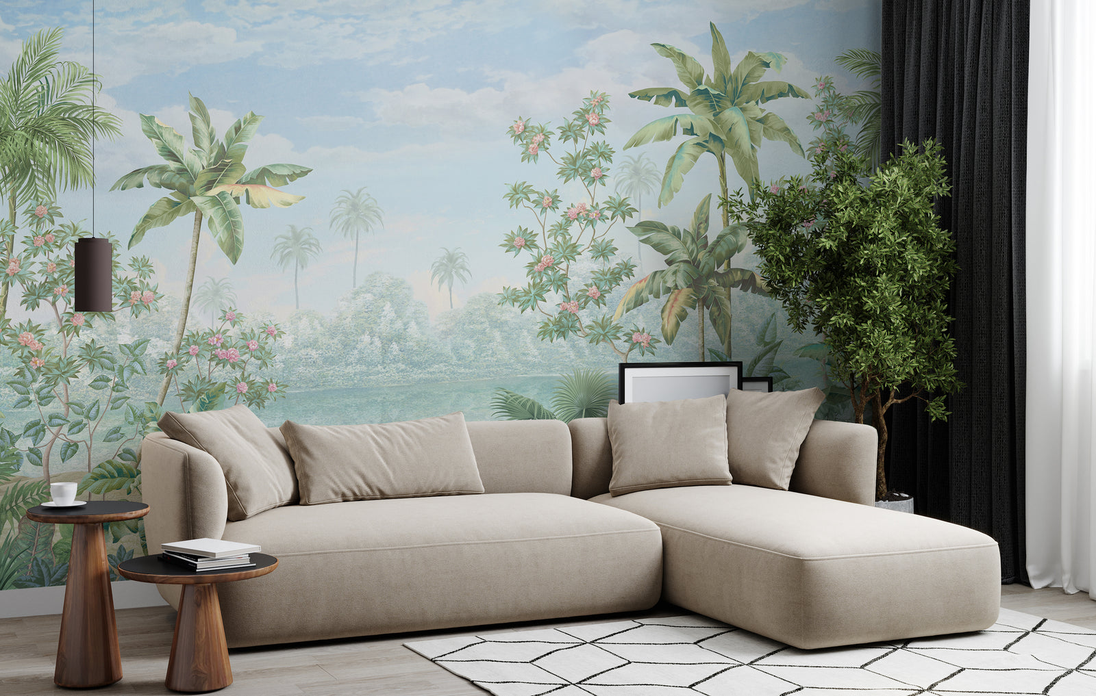 Tropical palm tree landscape wallpaper mural with pastel sky and serene lake view enhancing modern living room interior design