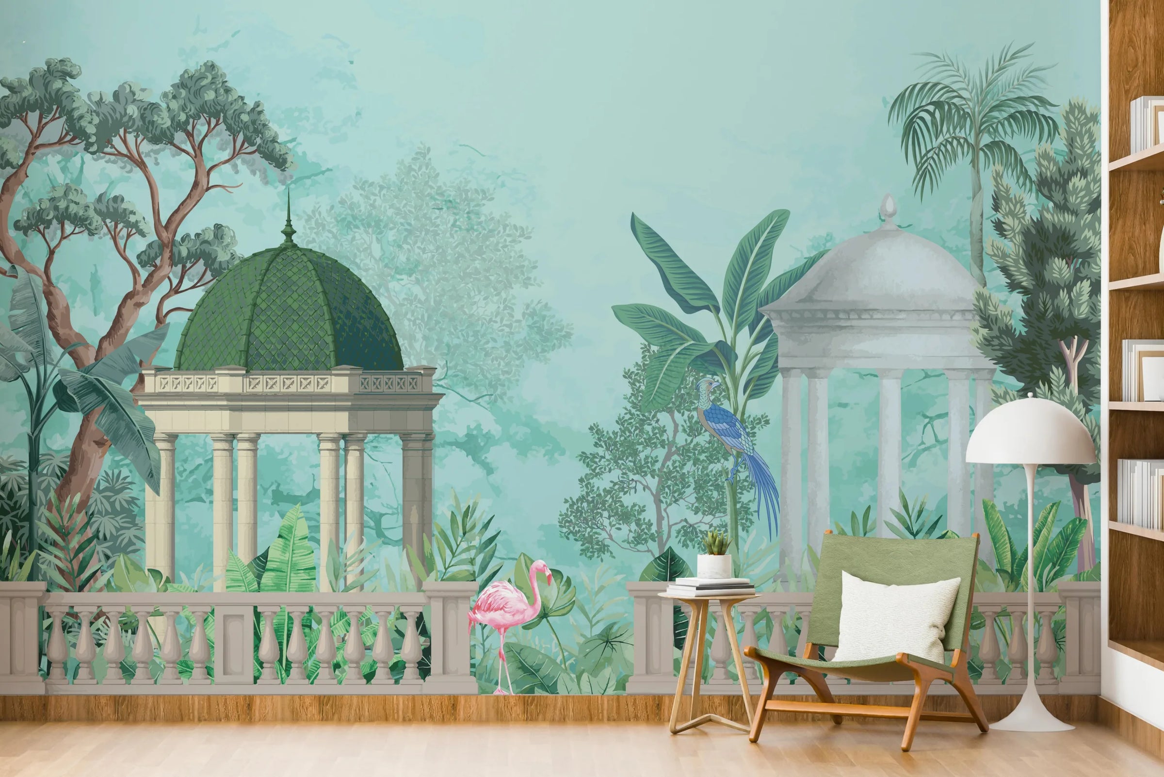 Tropical Oasis Pavilion Wallpaper | Indian Heritage Wall Art | Blue Green Peel and Stick image 0