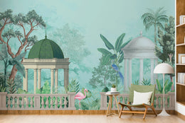 Tropical Oasis Pavilion Wallpaper | Indian Heritage Wall Art | Blue Green Peel and Stick image 0