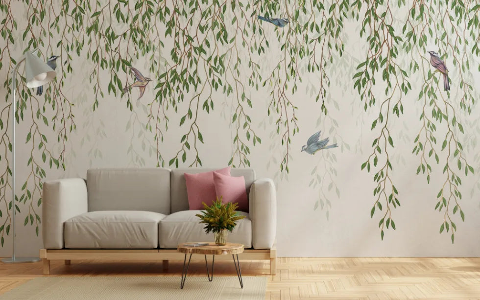 Willow Branches Hanging Leaves Birds Wallpaper image 3