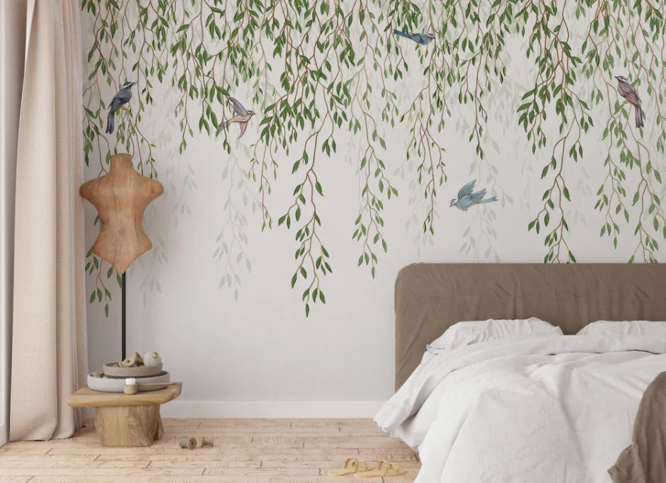 Willow Branches Hanging Leaves Birds Wallpaper image 2