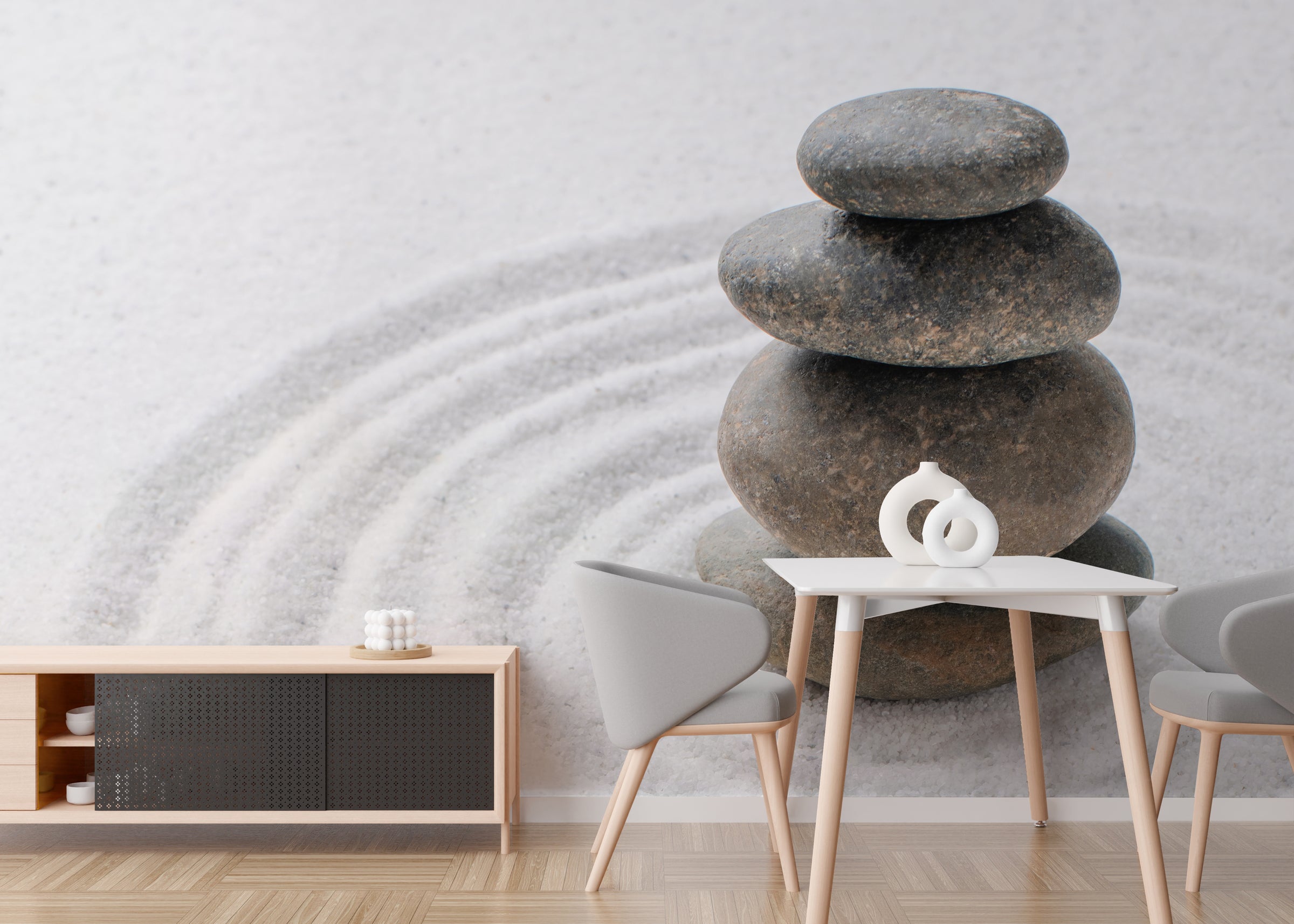 Japanese Zen Garden Feature Wall Design with Soft Sand Ripple Pattern for Meditation Room