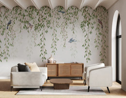 Willow Branches Hanging Leaves Birds Wallpaper image 1