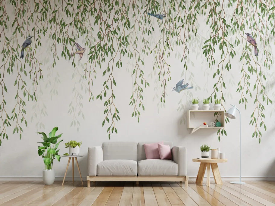Willow Branches Hanging Leaves Birds Wallpaper image 4