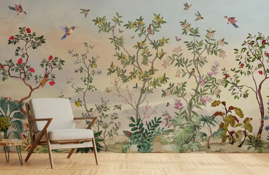 Chinoiseries Birds And Leaves Removable Wallpaper