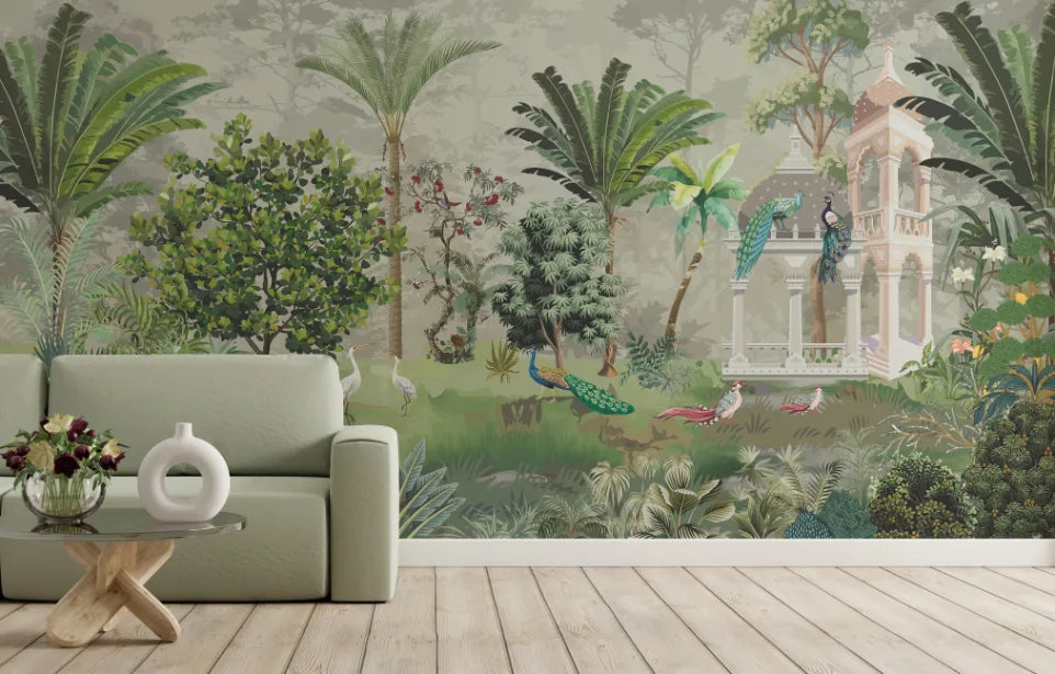 Palm Tree Green Wallpaper | Peacock Garden Indian Wallpaper