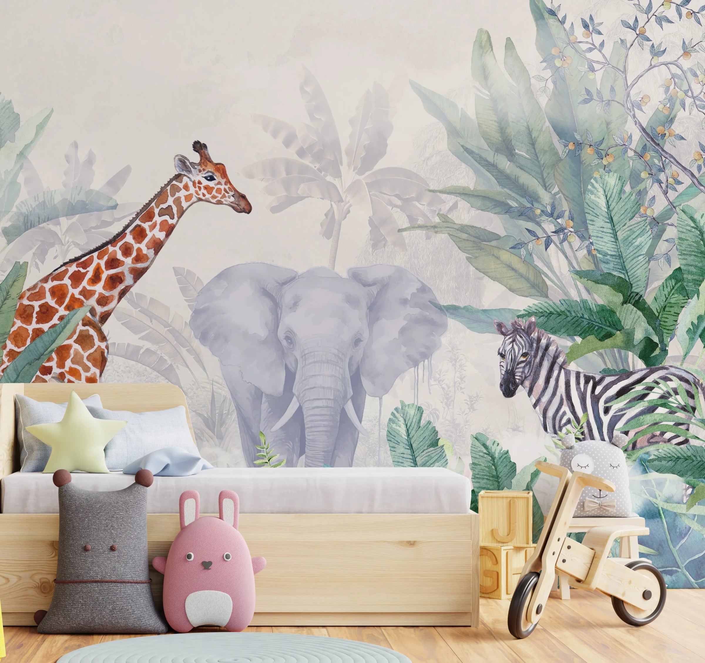 Kids Animal Wallpaper | Watercolor Jungle Peel and Stick Wall Mural image 5