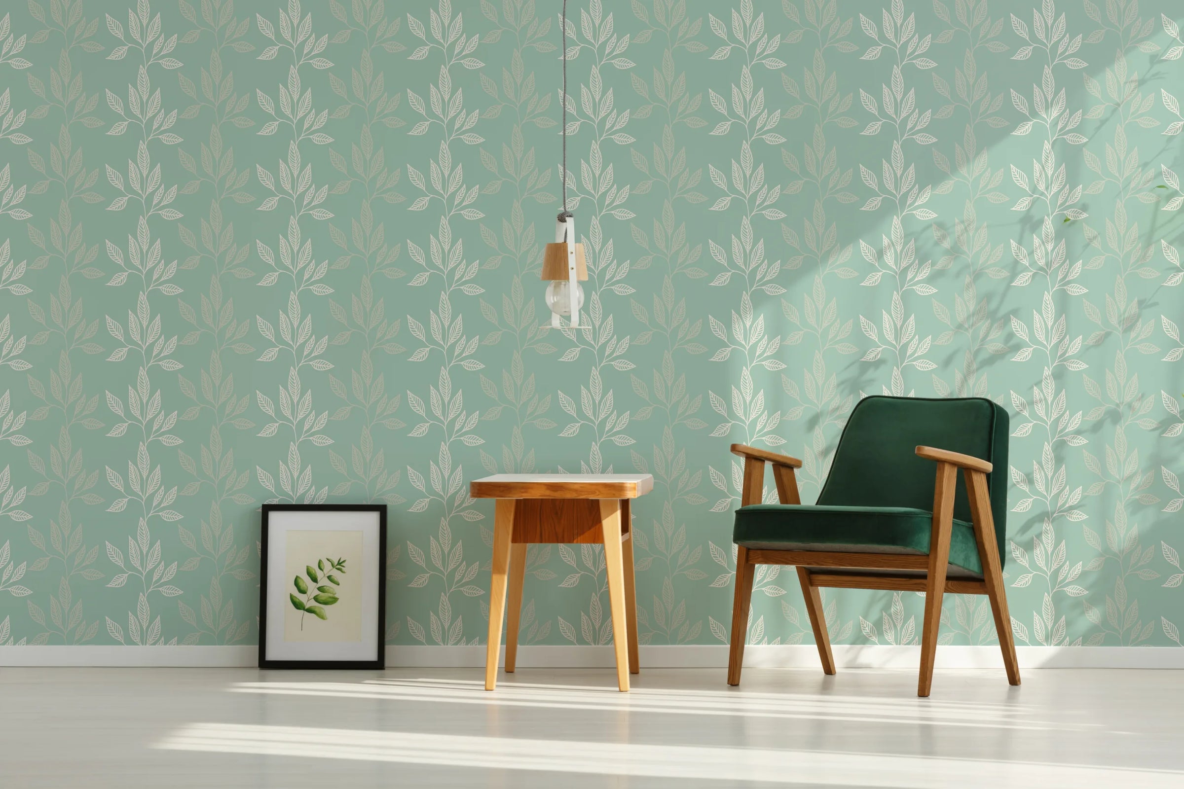 Sage Green Botanical Leaf Wallpaper | Modern Peel and Stick Wall Decor image 1