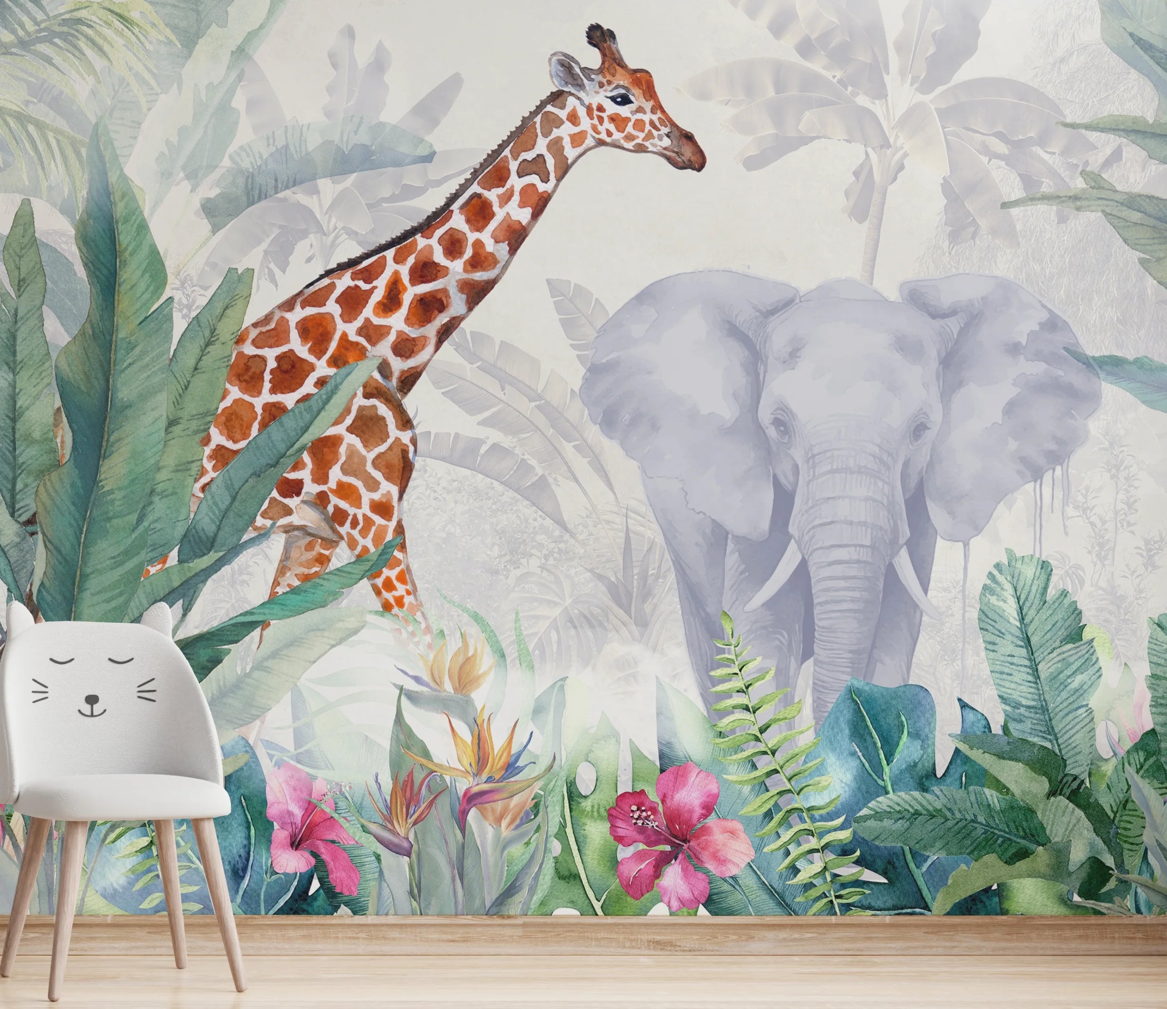 Kids Animal Wallpaper | Watercolor Jungle Peel and Stick Wall Mural image 4