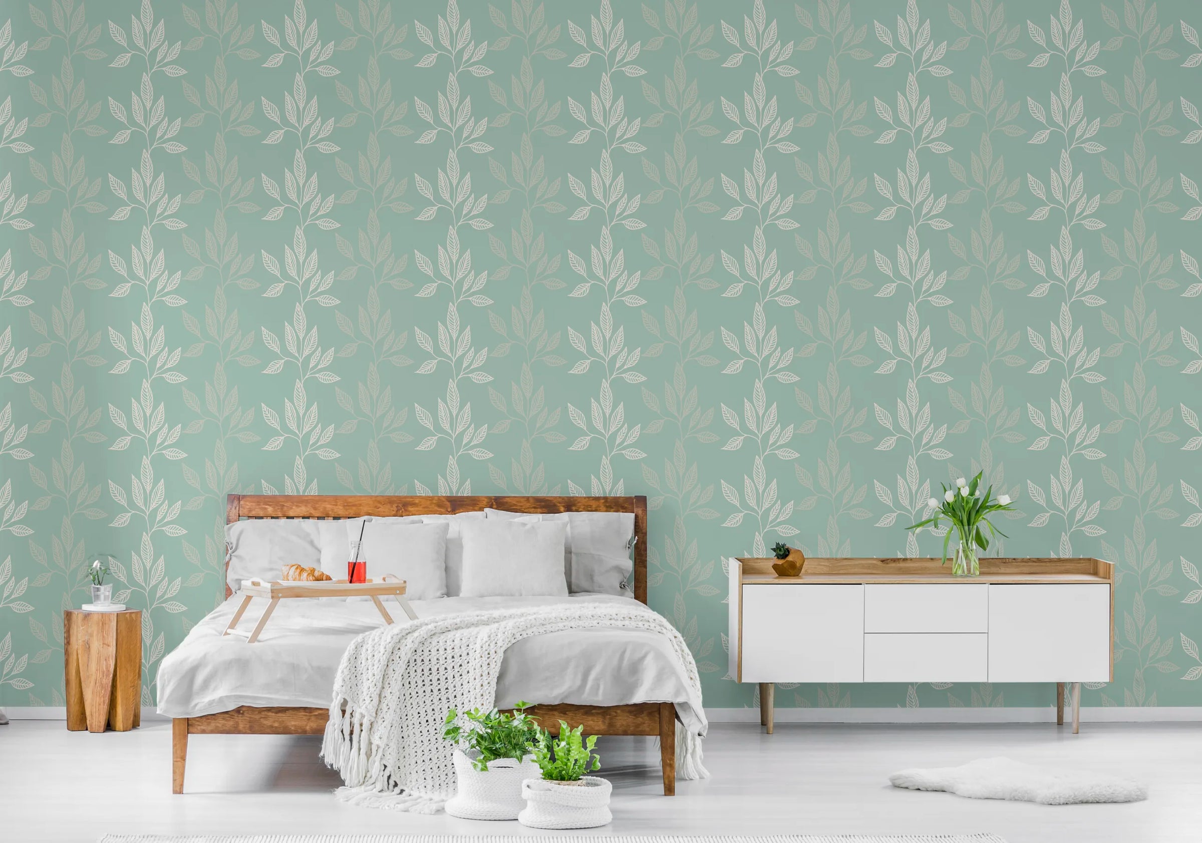 Sage Green Botanical Leaf Wallpaper | Modern Peel and Stick Wall Decor image 3