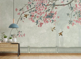 Chinoiserie Bird and Flower | Pink Cherry Blossom Peel and Stick Wallpaper image 4